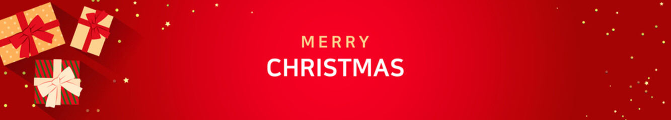 Red background sprinkled with glitter, and gift boxes. Christmas vector illustration background.