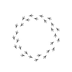 Vector background with circle of bird trail. Black Bird footprints