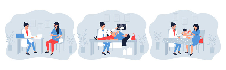Set of illustrations with a pregnant woman visiting a doctor. The doctor performs an ultrasound examination of a pregnant patient. Mom and baby make a visit to the doctor. Flat vector illustration.