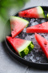 sliced watermelon in plate with ice on light concrete background with selective focus