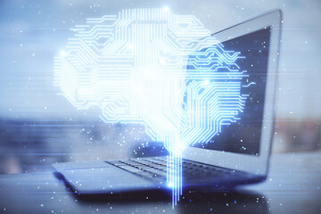 Double exposure of desktop computer and human brain drawing hologram. Ai concept.