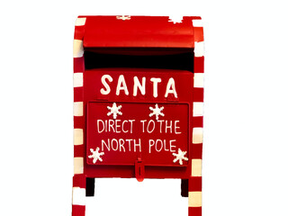 Red Santa Claus mailbox close-up with text Direct to the North Pole isolated on white

