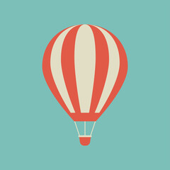 Fototapeta premium Red hot air balloon flying in the blue sky. Flat vintage cartoon design.