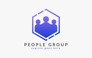 People Group on Purple Hexagon Shape. Flat Vector Logo Design Illustration.