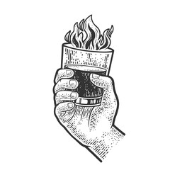 burning drink in hand sketch engraving vector illustration. T-shirt apparel print design. Scratch board imitation. Black and white hand drawn image.