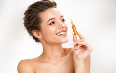 Happy woman holds ampoule with serum for hair or skin care. Photo of attractive woman with perfect...