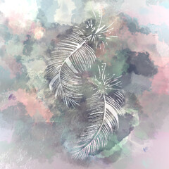 Artwork - watercoloring style of two feathers - pink green white and grey