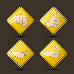 Collection human hand various gestures sketch on background road sign, thumbs up knuckles outline