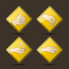 Collection human hand various gestures sketch on background road sign, thumbs up knuckles outline
