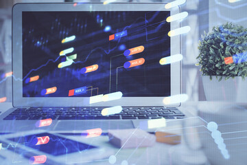 Multi exposure of desktop computer and technology theme hologram. Concept of software development.