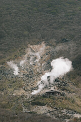 hakone japan mountain volcano gas evaporating on hill plant sulphur