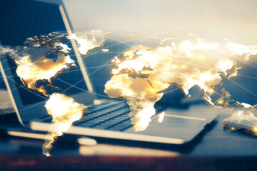Multi exposure of business theme icons and work space with computer background. Concept of success.