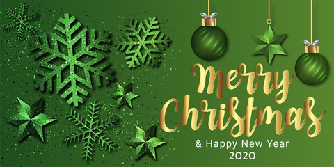 Christmas vector background. Xmas sale, holiday web banner. Design christmas decorations green and golden pine branches