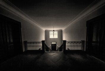 Inside of upstairs in a house with a dark view - great for a Halloween scene
