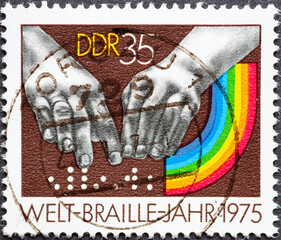 GERMANY, DDR - CIRCA 1975 : a postage stamp from Germany, GDR showing like hands read the word...