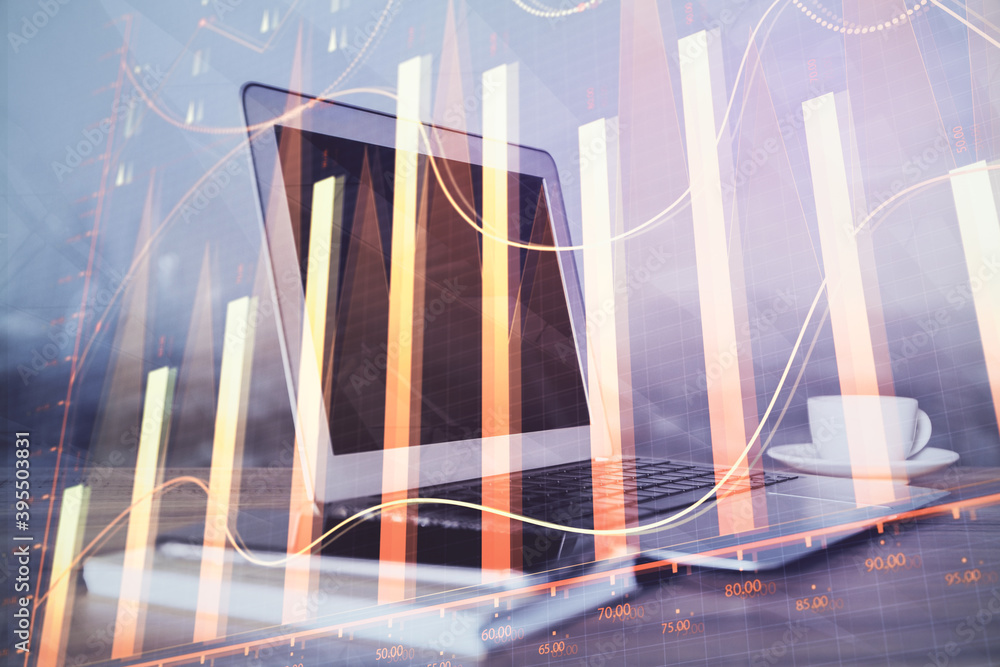Poster stock market graph on background with desk and personal computer. double exposure. concept of financ