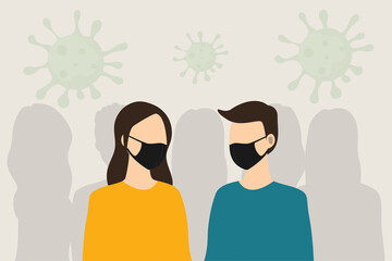 International people in the community wear white and black face mask protection Coronavirus, covid-19. Vector banner illustration.
