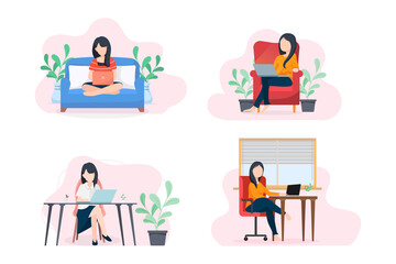 Cute character freelance job illustration sitting working with laptop , Concept staying at home or work at home to protect yourself from coronavirus , vector