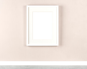 Poster artwork mockup with white picture frame  on beige wall, blank image area masked with clipping path