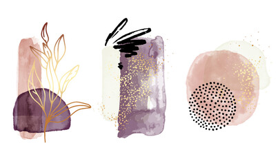 Watercolor abstract shapes, geometric transparent elements in Gold violet bohemian aesthetics. Perfect for brochures, flyers, business cards, webposters, interiors , spa and beauty advertising