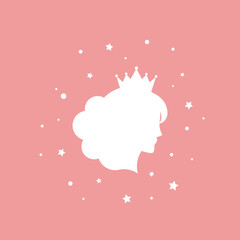 Beautiful princess with crown, stars and tinsel. Women's elegant silhouette with beautifull hairstyle.