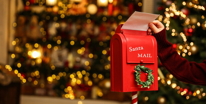 Child's hand puts a letter to santa claus in the christmas mailbox.