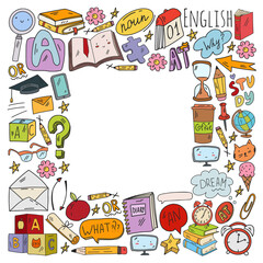 Concept of learning English. Online language courses. E-learning. Pattern with vector icons.