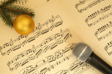 music notes with microphone, new year song