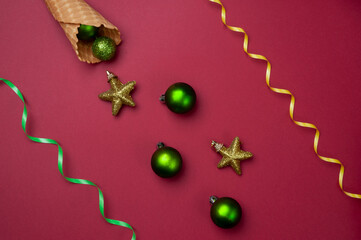 new year card: waffle cone with marshmallows, candy and Christmas toys