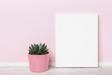 Print on canvas  mockup with succulent in pink flower pot in front of pink wall. 