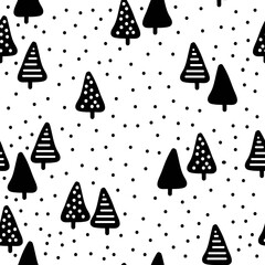 Simple Christmas pattern. Small black abstract Christmas trees and dots. White background. Vector texture. Fashionable print for packaging and textiles.