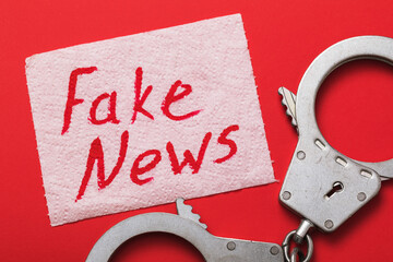 Handcuffs and a sheet of toilet paper with an inscription on a red background. Fake news punishment...