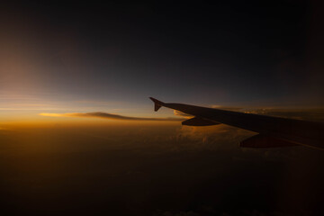 Beautiful sunset from plane with view of wing
