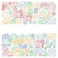 Doodle vector pattern. Illustration of learning English language. E-learning, online education in internet.