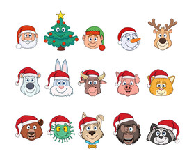 christmas emoji set. cartoon vector faces isolated on white background