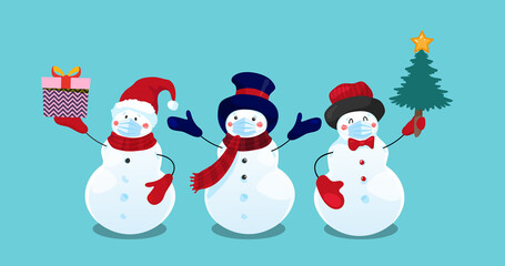 Set of three snowmen in medical masks, New Year and Christmas 2021, coronavirus epidemic. Flat vector illustration. Cartoon design.