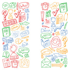 Doodle vector pattern. Illustration of learning English language. E-learning, online education in internet.
