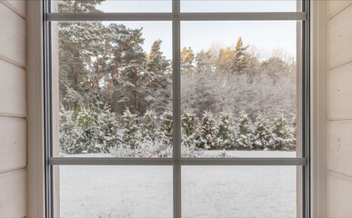 Home vinyl insulated windows with winter view of snowy trees and plants - Powered by Adobe