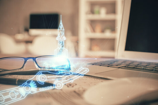 Startup drawing with glasses on the table background. Double exposure.