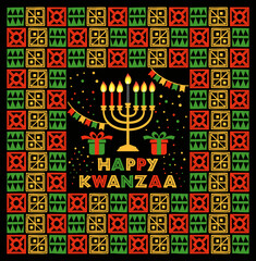 Fototapeta na wymiar Banner for Kwanzaa with traditional colored and candles representing the Seven Principles or Nguzo Saba .