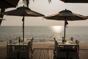 Fototapeta na wymiar food table with beautiful sea background 