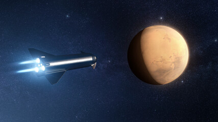 Spaceship in a starfield approaching the planet mars  for exploration and tourism - concept art - 3D rendering - Elements of this image furnished by NASA © danielegay