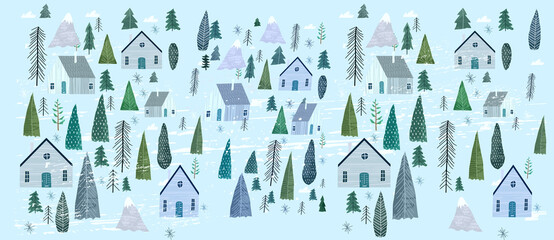 Vector illustration. Winter landscape, mountains, forest, slope houses and ski resort. Scandinavian style illustration. © Molibdenis-Studio