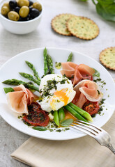 Best Eggs Benedict - Poached eggs with prosciutto, asparagus, sun-dried tomatoes and pesto
