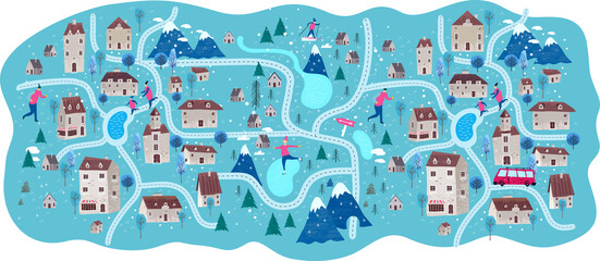Vector illustration. Winter landscape, city, mountains, forest, slope houses and ski resort. Scandinavian style illustration.