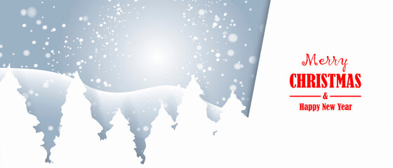 Merry Christmas and happy new year banner. Winter landscape, snow, trees. Space for text. Vector