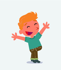 cartoon character of little boy on jeans celebrating something with joy.e