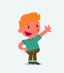 cartoon character of little boy on jeans explaining something while pointing.