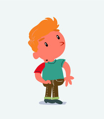  cartoon character of little boy on jeans looks with doubt and somewhat surprised