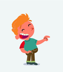  cartoon character of little boy on jeans points to his side while laughing